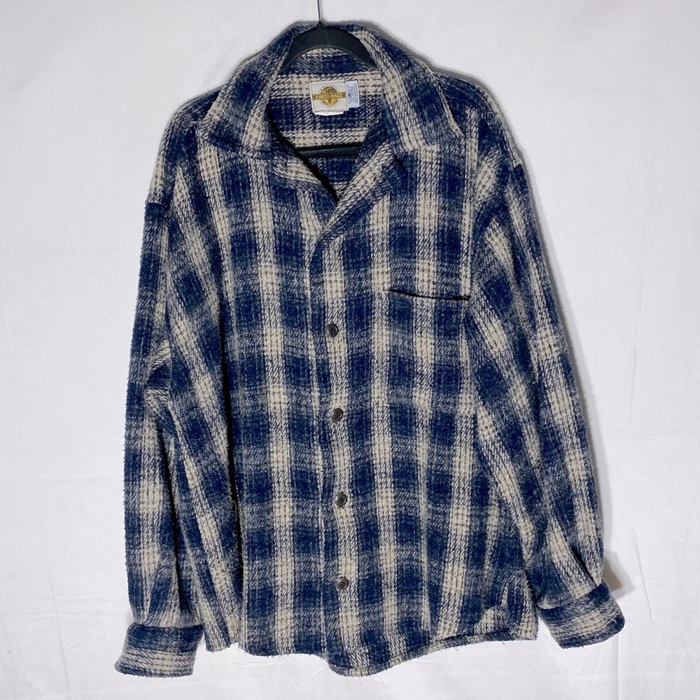 Vintage 90s Earth Ragz Blue Cream Plaid Oversized Lng Sleeve Button Up XL Grunge